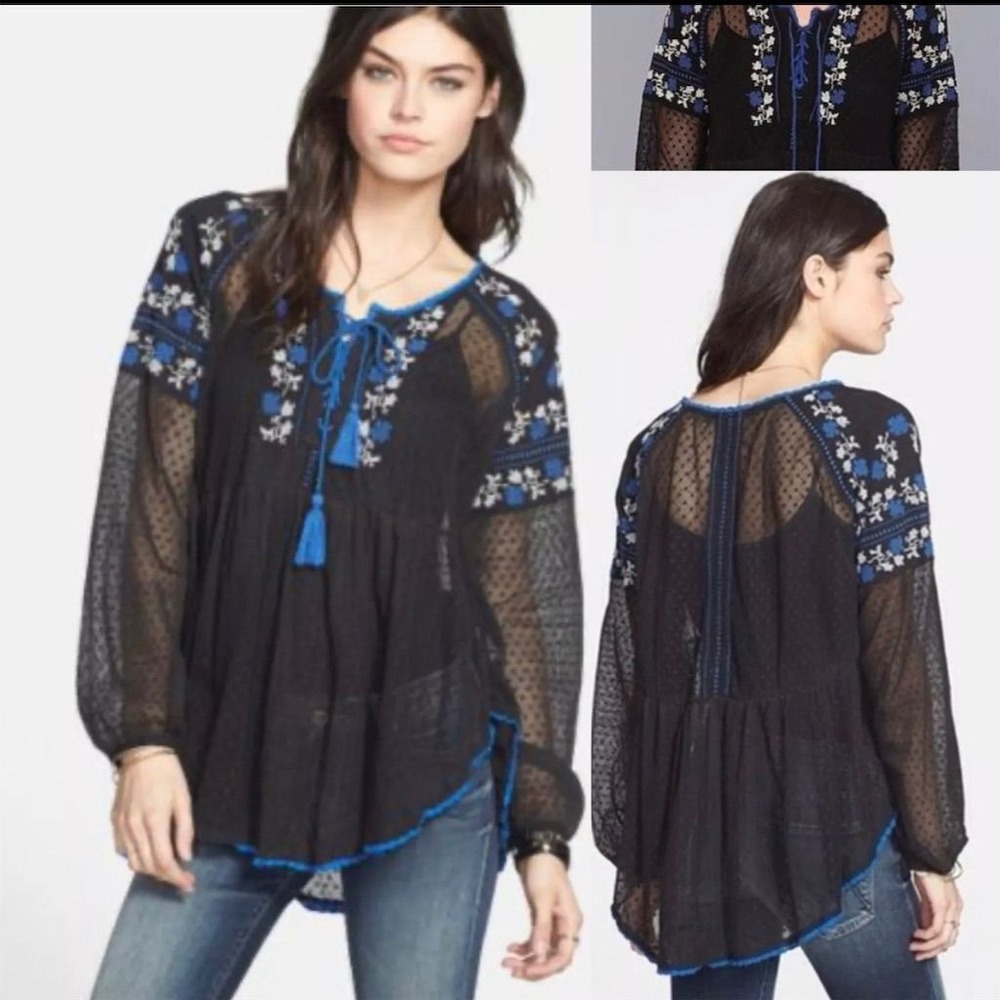 Free People Black Blue Embroidered‎ Mesh Lace Up Tassel Peasant Blouse Small